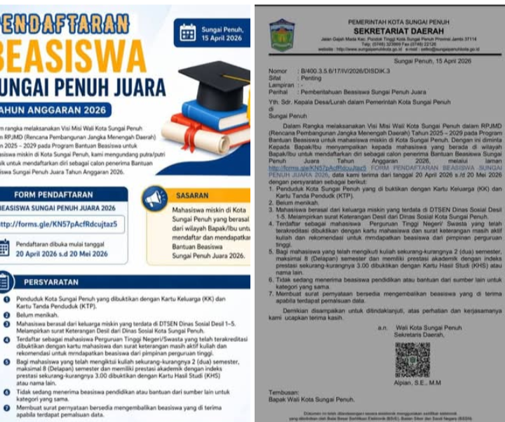 Pemkot Sungai Penuh Buka Beasiswa 2026, Kesempatan Emas bagi Mahasiswa Kurang Mampu