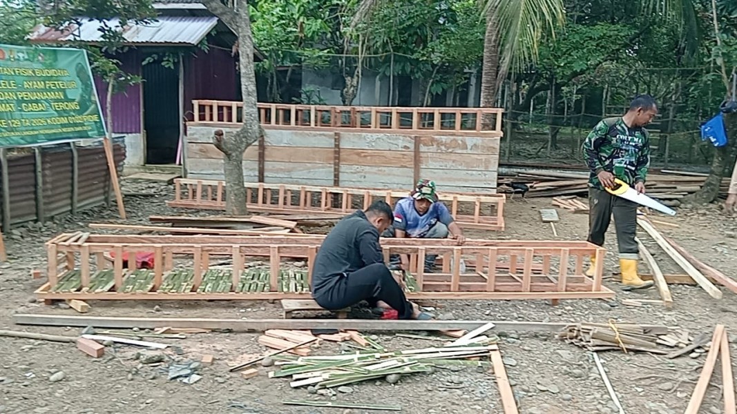 Mewujudkan Kemandirian Pangan, Satgas Kodim 0102/Pidie Bangun Kandang Ayam Petelur untuk Warga